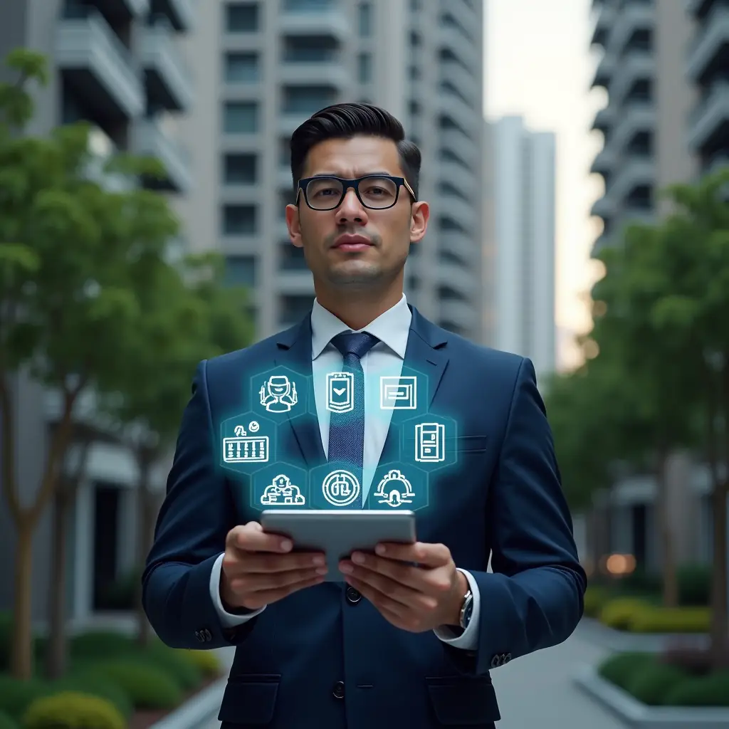 Ultra-realistic condominium manager in a sharp navy suit, set in a modern luxury condominium environment with high-rise buildings and manicured green landscaping, holding a glowing tablet displaying holographic icons for calendar reservations, invoice generation, instant messaging, maintenance checklists, security alerts, access control, and resident database, confident and focused expression, cinematic lighting, shallow depth of field, highly detailed textures, realistic skin, photographic realism, 8k resolution --ar 1:1 --v 6