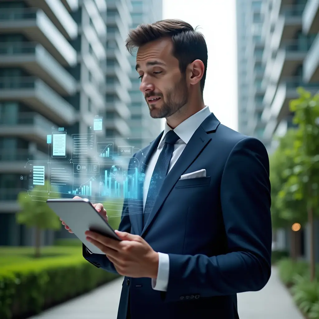 (Ultra-realistic condominium manager in a tailored navy suit, set in a modern luxury condominium environment with high-rise buildings and lush green landscaping, holding a tablet displaying holographic financial charts and document icons swirling around, confidently reviewing data to optimize accounting processes, cinematic lighting, shallow depth of field, highly detailed textures, realistic skin, photographic realism, 8k resolution --ar 1:1 --v 6)