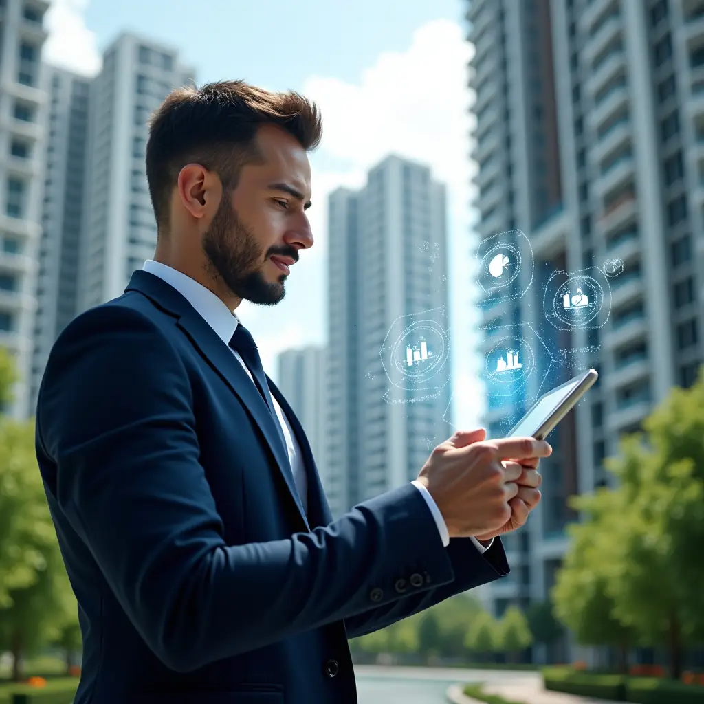 Ultra-realistic property manager in a navy blue suit, set in a modern luxury condominium environment with high-rise buildings and lush green landscaping, analyzing a digital tablet projecting holographic energy and cost-saving icons, a floating hologram of pie charts and gears symbolizing automation, cinematic lighting, shallow depth of field, highly detailed textures, realistic skin, photographic realism, 8k resolution --ar 1:1 --v 6