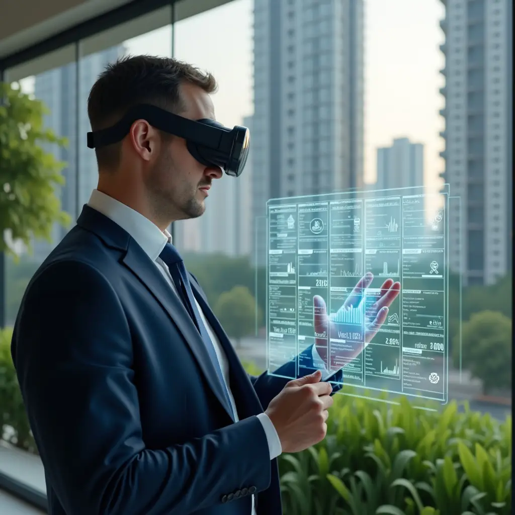 (Ultra-realistic condominium manager in a navy suit, set in a modern luxury condominium environment with high-rise buildings and lush green landscaping, confidently analyzing a holographic maintenance schedule calendar floating before them, augmented with icons of tools, calendar cells and financial graphs, cinematic lighting, shallow depth of field, highly detailed textures, realistic skin, photographic realism, 8k resolution --ar 1:1 --v 6)