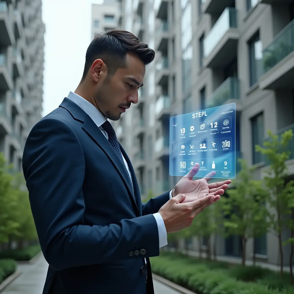 (Ultra-realistic condominium manager in a navy suit, set in a modern luxury condominium environment with high-rise buildings and green landscaping, examining a floating holographic calendar interface displaying six numbered steps and task icons, conveying focus and confidence, cinematic lighting, shallow depth of field, highly detailed textures, realistic skin, photographic realism, 8k resolution --ar 1:1 --v 6)