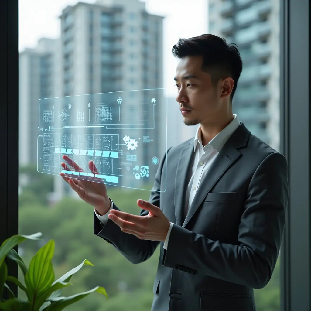 (Ultra-realistic professional condominium manager in a charcoal gray suit, set in a modern luxury condominium environment with high-rise buildings and lush green landscaping, examining a floating holographic maintenance schedule with interactive icons and timeline, holographic calendar and gears symbolizing automation, confident and focused expression, cinematic lighting, shallow depth of field, highly detailed textures, realistic skin, photographic realism, 8k resolution --ar 1:1 --v 6)