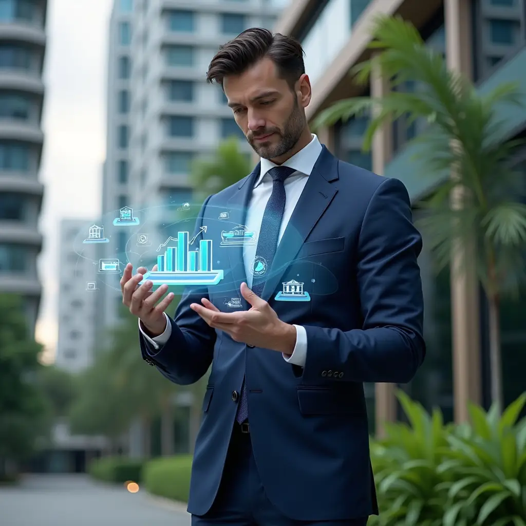 (Ultra-realistic condo manager in a navy blue tailored suit, set in a modern luxury condominium environment with high-rise buildings and lush green landscaping, medium shot of a confident professional interacting with a floating holographic interface of condominium management app icons and performance charts, cinematic lighting, shallow depth of field, highly detailed textures, realistic skin, photographic realism, 8k resolution --ar 1:1 --v 6)