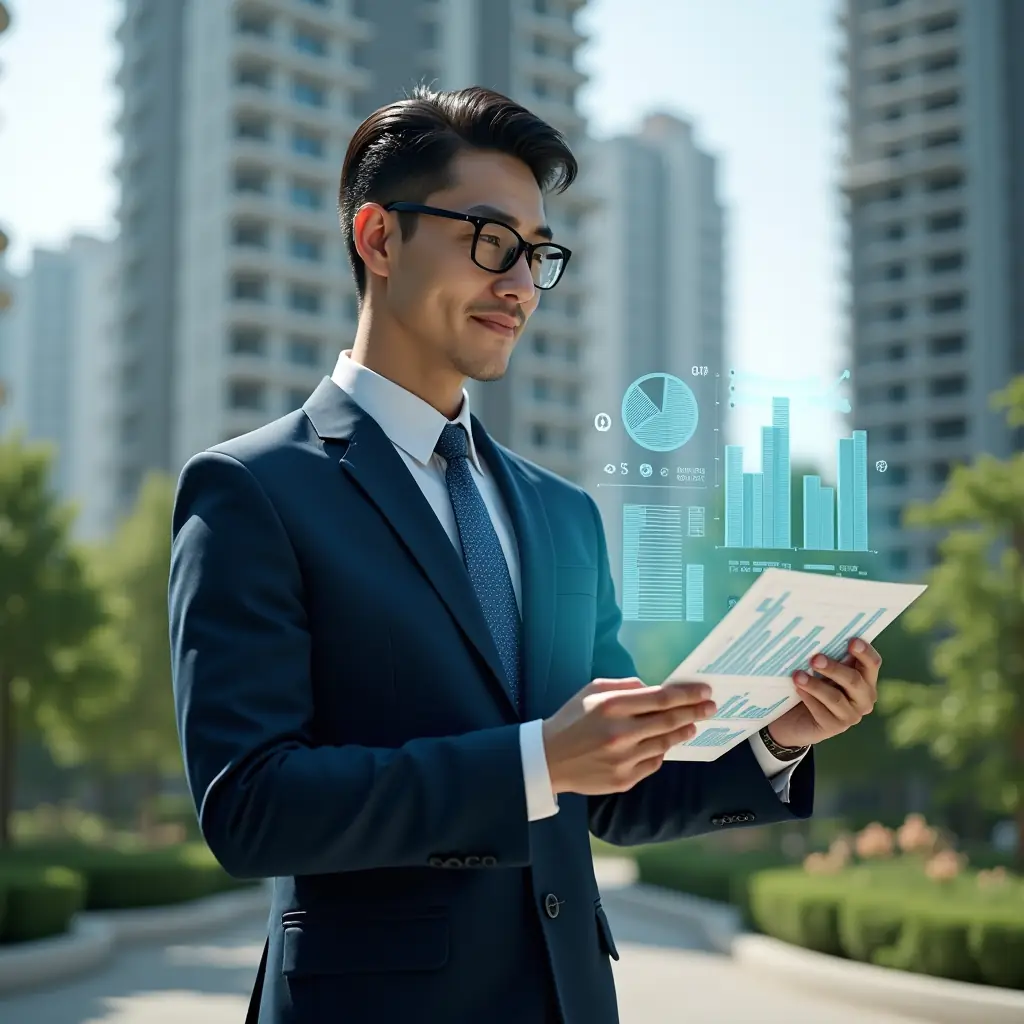 Ultra-realistic condominium manager in a navy executive suit, set in a modern luxury condominium environment with high-rise buildings and lush green landscaping, confidently examining a holographic financial report with clear charts and ledgers floating around, cinematic lighting, shallow depth of field, highly detailed textures, realistic skin, photographic realism, 8k resolution --ar 1:1 --v 6