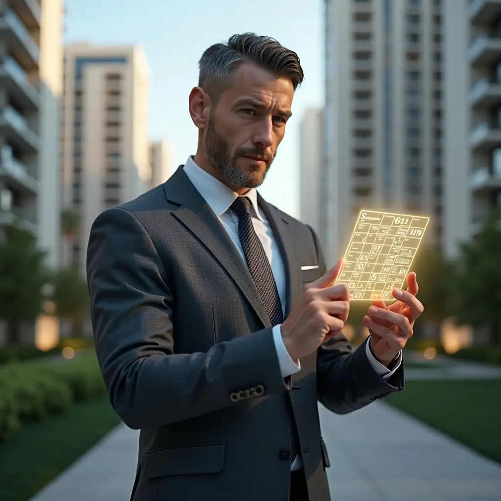 Ultra-realistic condominium manager in a charcoal gray tailored suit, set in a modern luxury condominium environment with high-rise buildings and manicured gardens, holding a glowing holographic calendar and tapping on a digital checklist, confident and focused expression, holographic schedule icons floating around, cinematic lighting, shallow depth of field, highly detailed textures, realistic skin, photographic realism, 8k resolution --ar 1:1 --v 6