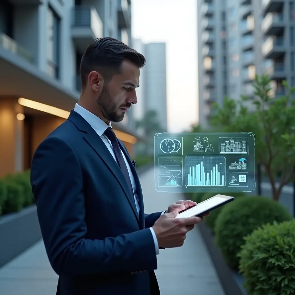 Ultra-realistic condominium manager in a navy blue suit, set in a modern luxury condominium environment with high-rise buildings and lush green landscaping, holding a tablet displaying a holographic management dashboard with building icons, financial charts and communication symbols, confidently reviewing data, cinematic lighting, shallow depth of field, highly detailed textures, realistic skin, photographic realism, 8k resolution --ar 1:1 --v 6