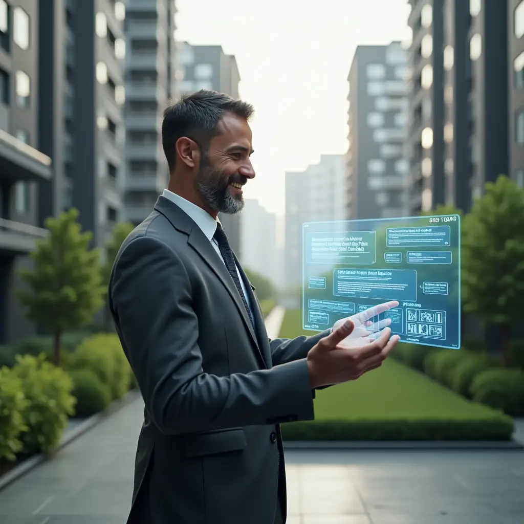 (Ultra-realistic condominium manager in a charcoal gray suit, set in a modern luxury condominium environment with high-rise buildings and manicured green landscaping, standing in a medium shot while interacting with a holographic interface displaying community rules and chat bubbles, conveying a confident and collaborative expression, cinematic lighting, shallow depth of field, highly detailed textures, realistic skin, photographic realism, 8k resolution --ar 1:1 --v 6)