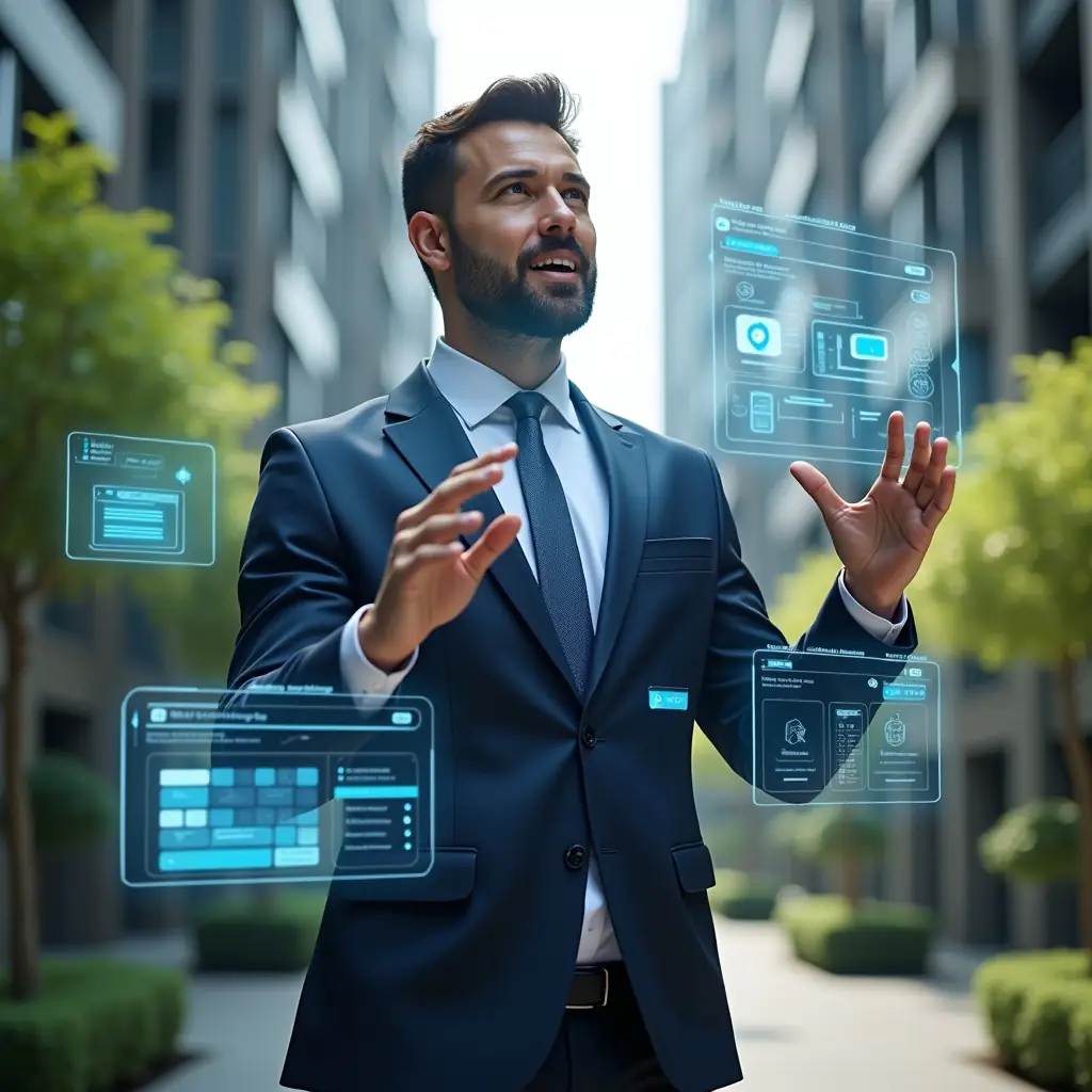 (Ultra-realistic condominium manager in a tailored navy suit, set in a modern luxury condominium environment with high-rise buildings and lush green landscaping, confidently interacting with floating holographic interface panels that display dashboards, chat icons and reservation calendars to represent the 10 essential app features, cinematic lighting, shallow depth of field, highly detailed textures, realistic skin, photographic realism, 8k resolution --ar 1:1 --v 6)