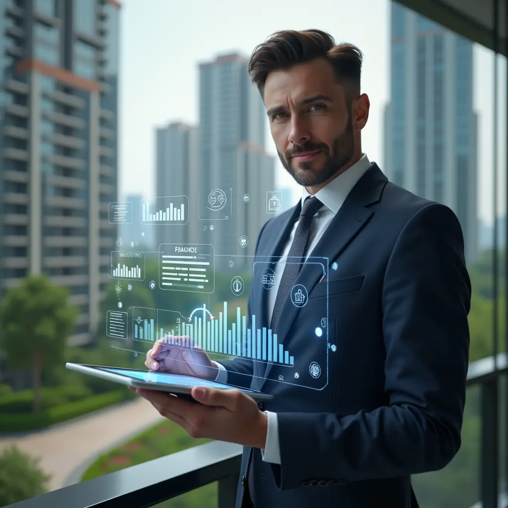(Ultra-realistic condominium manager in a tailored navy suit, set in a modern luxury condominium environment with high-rise buildings and meticulously landscaped gardens, holding a transparent holographic tablet displaying financial charts, chat bubbles, reservation calendars and security icons symbolizing essential management functions, confident and focused expression, cinematic lighting, shallow depth of field, highly detailed textures, realistic skin, photographic realism, 8k resolution --ar 1:1 --v 6)