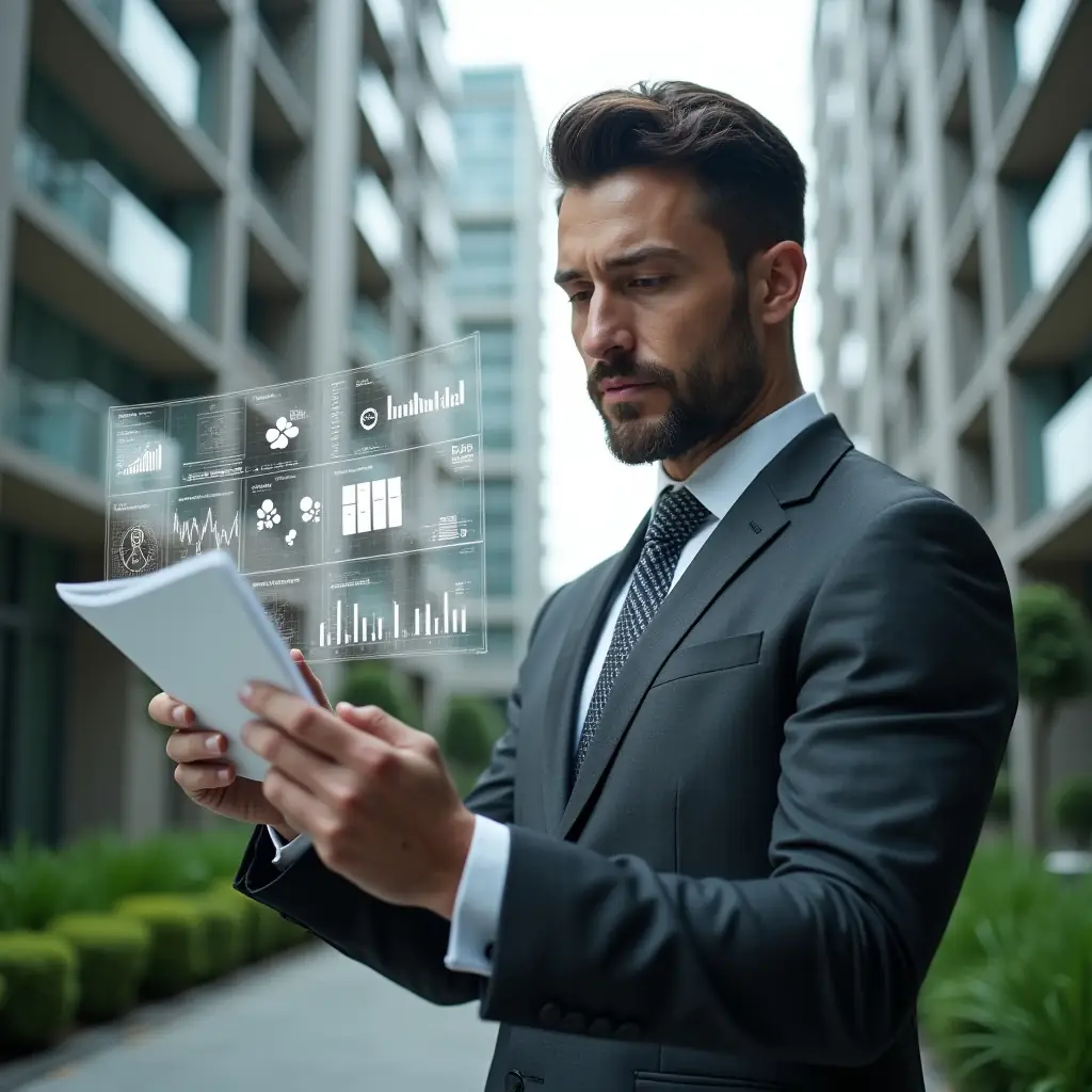 (Ultra-realistic condominium manager in a charcoal gray suit, set in a modern luxury condominium environment with high-rise buildings and lush green landscaping, examining a holographic financial report with floating transparent charts and data icons that symbolize automated accounting transparency, confident and focused expression, cinematic lighting, shallow depth of field, highly detailed textures, realistic skin, photographic realism, 8k resolution --ar 1:1 --v 6)