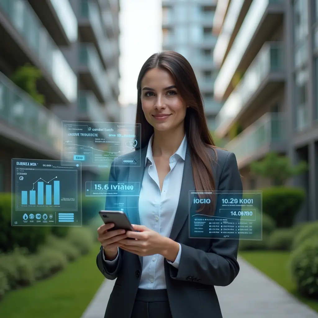 (Ultra-realistic condominium property manager in a dark gray executive suit, set in a modern luxury condominium environment with high-rise buildings and meticulously landscaped gardens, mid-shot of a confident professional woman holding a smartphone and interacting with a holographic invoice interface displaying digital boletos and notifications, translucent financial icons and charts floating beside her to symbolize automated billing and transparency, cinematic lighting, shallow depth of field, highly detailed textures, realistic skin, photographic realism, 8k resolution --ar 1:1 --v 6)