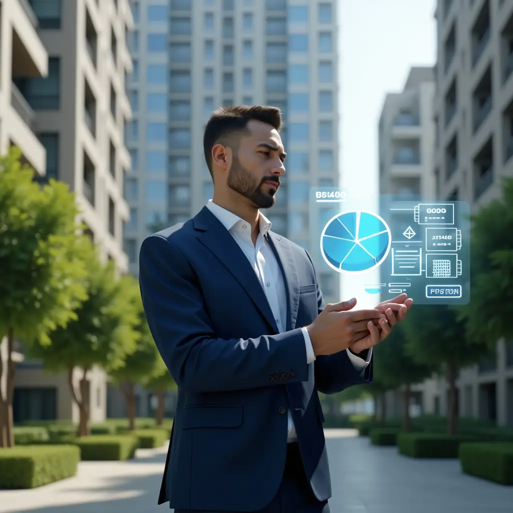 (Ultra-realistic condominium manager in a navy blue tailored suit, set in a modern luxury condominium environment with high-rise buildings and manicured green landscaping, standing in a medium shot while consulting a floating holographic pie chart and floor plan diagrams representing unit fractions, with a digital calculator icon hovering beside them, cinematic lighting, shallow depth of field, highly detailed textures, realistic skin, photographic realism, 8k resolution --ar 1:1 --v 6)