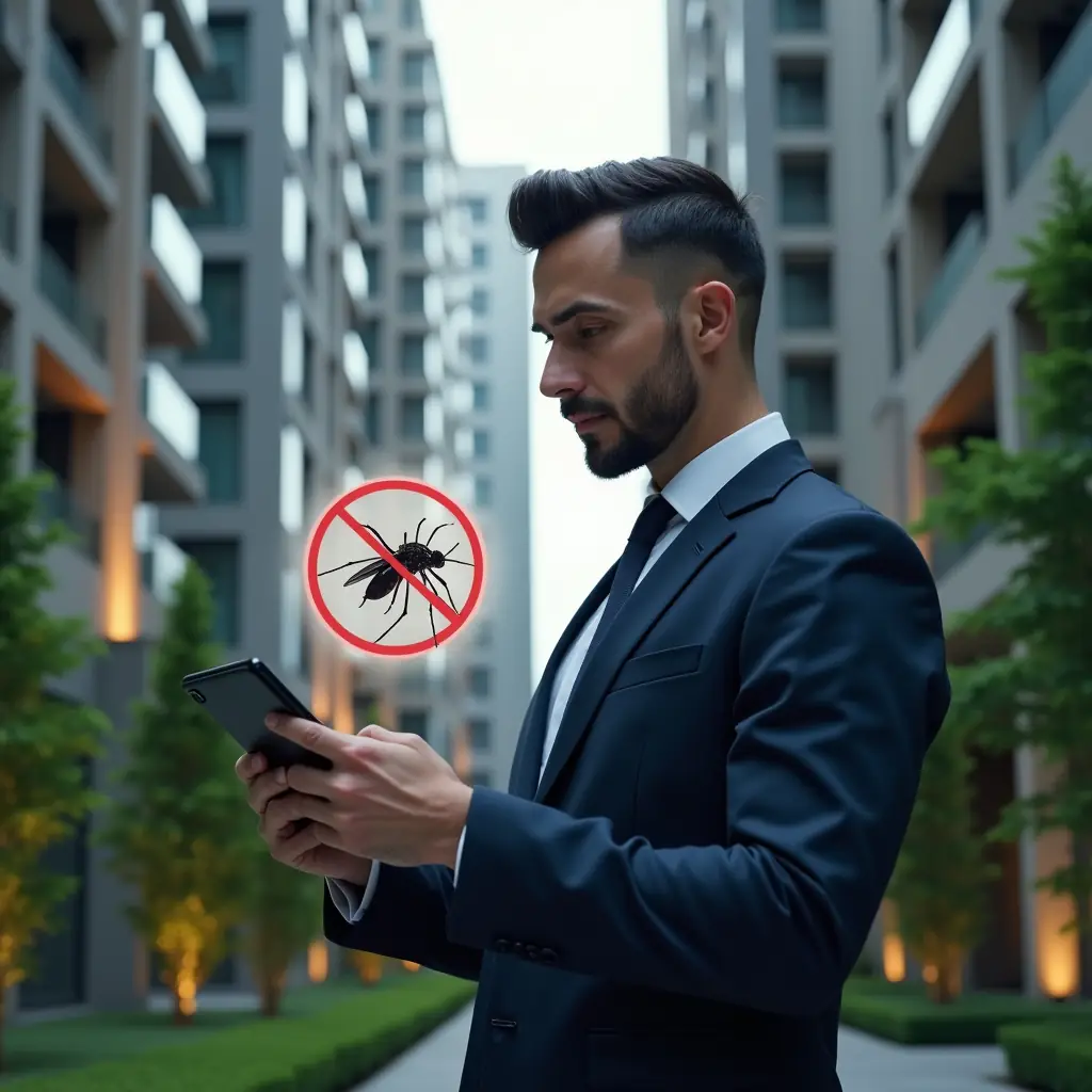 Ultra-realistic condominium manager in a navy suit, set in a modern luxury condominium environment with high-rise buildings and lush green landscaping, medium shot focusing on the professional holding a digital tablet and inspecting a holographic mosquito icon with a red prohibition symbol, determined expression, cinematic lighting, shallow depth of field, highly detailed textures, realistic skin, photographic realism, 8k resolution --ar 1:1 --v 6