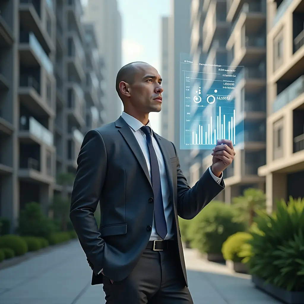 (Ultra-realistic condominium manager in a charcoal gray suit, set in a modern luxury condominium environment with high-rise buildings and green landscaping, holding a transparent holographic projection of budget charts and expense icons, looking focused and confident, cinematic lighting, shallow depth of field, highly detailed textures, realistic skin, photographic realism, 8k resolution --ar 1:1 --v 6)