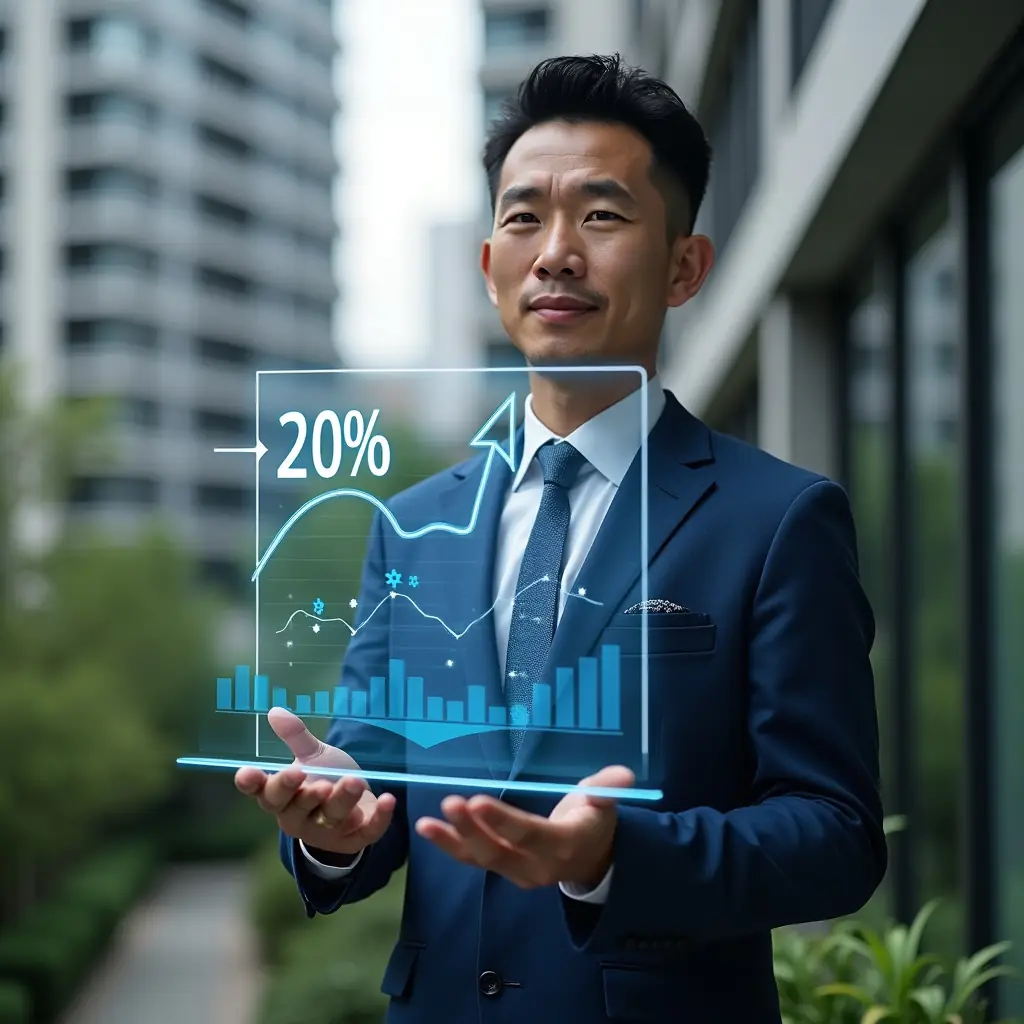 Ultra-realistic condominium manager in a navy blue suit, set in a modern luxury condominium environment with high-rise buildings and lush green landscaping, holding a transparent holographic screen displaying financial charts with a bold “-30%” cost reduction arrow and automation gear icons, confident and focused expression, cinematic lighting, shallow depth of field, highly detailed textures, realistic skin, photographic realism, 8k resolution --ar 1:1 --v 6