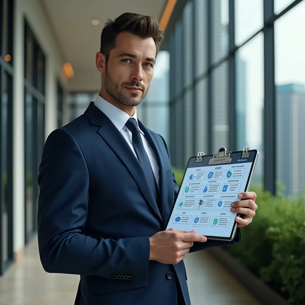 Ultra-realistic condominium manager in a navy blue executive suit, set in a modern luxury condominium environment with high-rise buildings and meticulously landscaped greenery, holding a holographic weekly planner displaying maintenance, cleaning and assembly icons, analyzing the schedule with a confident, focused expression, cinematic lighting, shallow depth of field, highly detailed textures, realistic skin, photographic realism, 8k resolution --ar 1:1 --v 6