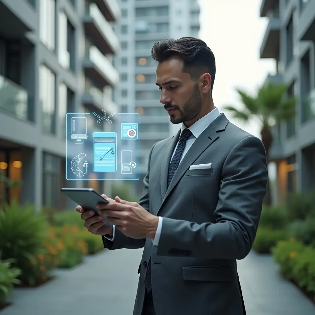 Ultra-realistic condominium manager in a tailored gray suit, set in a modern luxury condominium environment with high-rise buildings and lush green landscaping, confidently reviewing a floating holographic maintenance schedule with calendar and wrench icons, holding a sleek tablet, cinematic lighting, shallow depth of field, highly detailed textures, realistic skin, photographic realism, 8k resolution --ar 1:1 --v 6