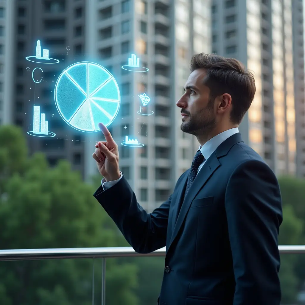 Ultra-realistic condominium manager in a dark navy suit, set in a modern luxury condominium environment with high-rise buildings and lush green landscaping, analyzing a floating holographic pie chart illustrating unit fractions, pointing at one sector with a confident, analytical expression, holographic icons of currency and building silhouettes orbiting the chart, cinematic lighting, shallow depth of field, highly detailed textures, realistic skin, photographic realism, 8k resolution --ar 1:1 --v 6