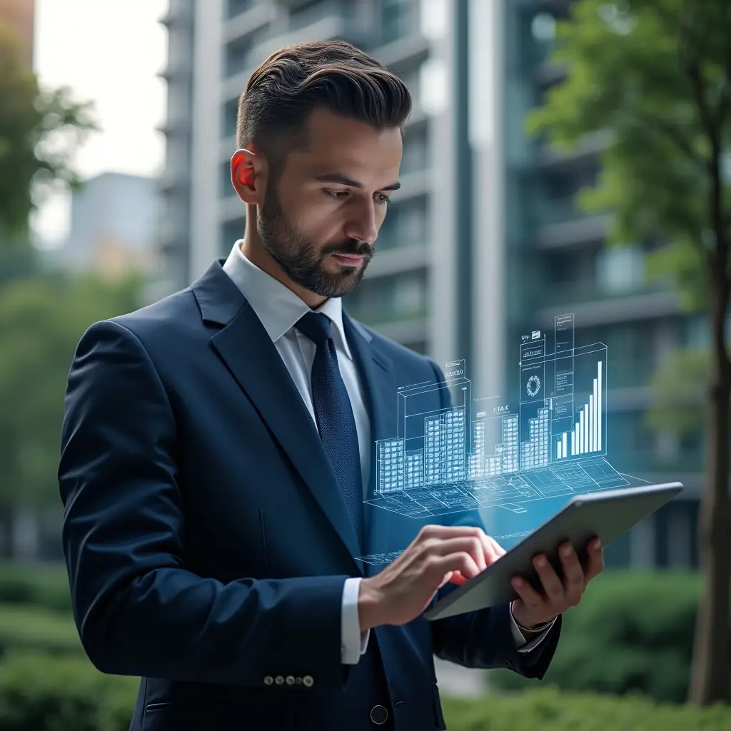 Ultra-realistic condominium manager in a navy executive suit, set in a modern luxury condominium environment with high-rise buildings and lush green landscaping, thoughtfully examining a holographic fractional ownership chart projected from a sleek tablet, subtle icons of percentages and floor plans floating around, cinematic lighting, shallow depth of field, highly detailed textures, realistic skin, photographic realism, 8k resolution --ar 1:1 --v 6