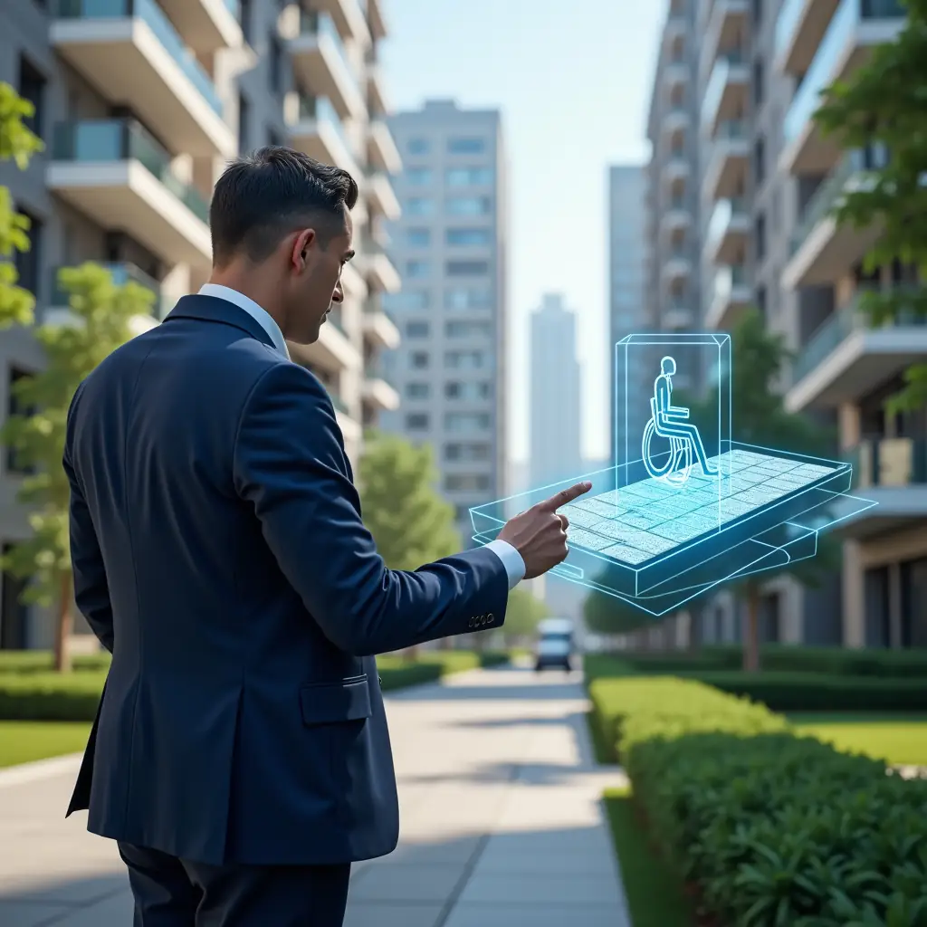 (Ultra-realistic condominium manager in a navy blue suit, set in a modern luxury condominium environment with high-rise buildings and manicured green landscaping, thoughtfully pointing at a holographic 3D ramp model and tactile paving overlay, wheelchair accessibility icon floating beside them, cinematic lighting, shallow depth of field, highly detailed textures, realistic skin, photographic realism, 8k resolution --ar 1:1 --v 6)
