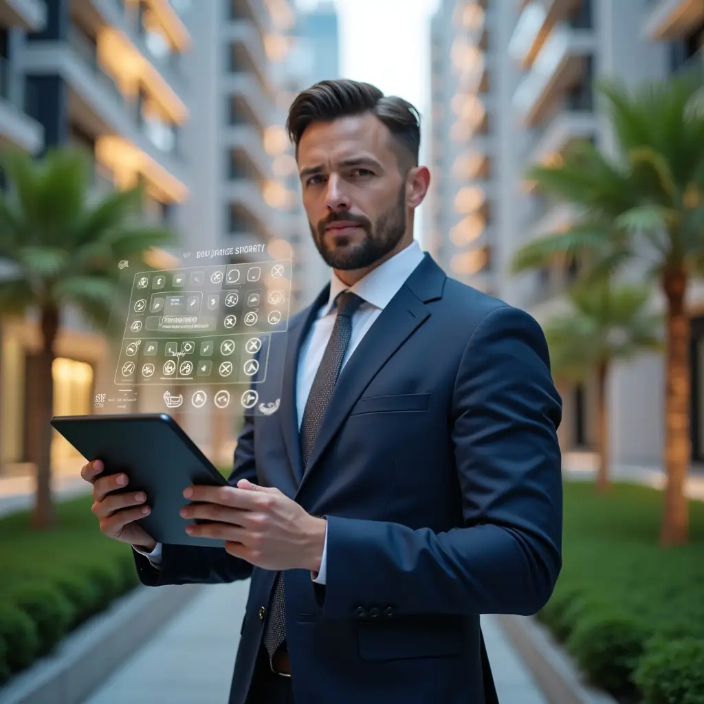 Ultra-realistic condominium manager in a navy blue suit, set in a modern luxury condominium environment with high-rise buildings and meticulously landscaped greenery, holding a digital tablet displaying a smart calendar interface, confident and focused expression, holographic calendar overlay with task icons and checkmarks floating beside them, cinematic lighting, shallow depth of field, highly detailed textures, realistic skin, photographic realism, 8k resolution --ar 1:1 --v 6