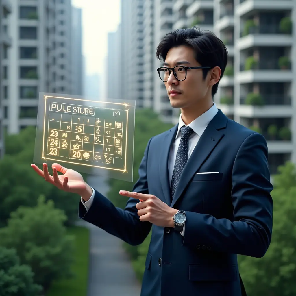 Ultra-realistic condominium manager in a navy executive suit, set in a modern luxury condominium environment with high-rise buildings and meticulously landscaped greenery, holding and pointing at a floating holographic calendar schedule with glowing task icons, confident and focused expression, cinematic lighting, shallow depth of field, highly detailed textures, realistic skin, photographic realism, 8k resolution --ar 1:1 --v 6